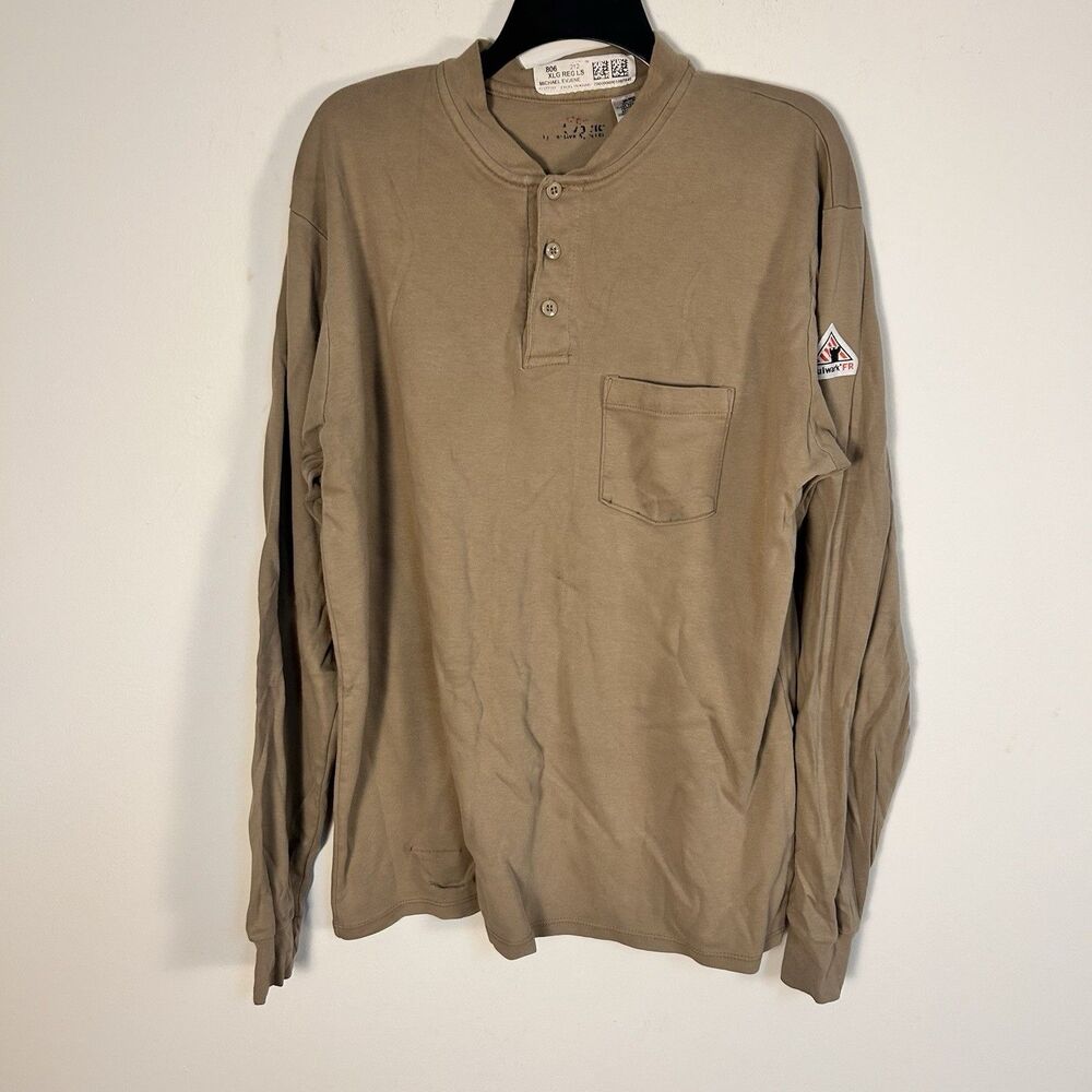 Bulwark FR Flame Resistant Henley Shirt Tan Long Sleeve Pocket Mens XL Reg